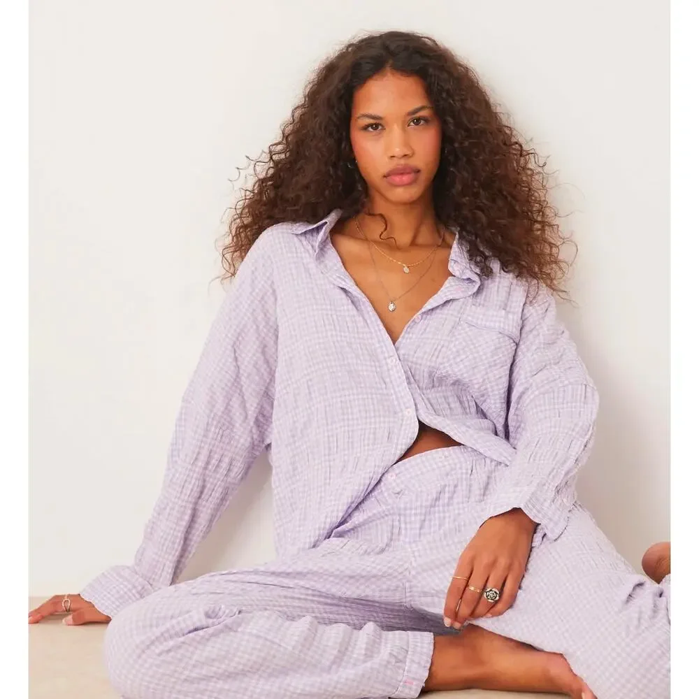 Free People Textured Pajama Shirt Mini Dress Loungewear in Lilac Medium